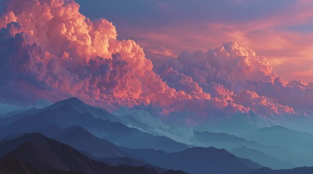 3D animation of tall mountain peaks with pink, blue and magenta tones, surrounded by soft pink clouds in the sky.
