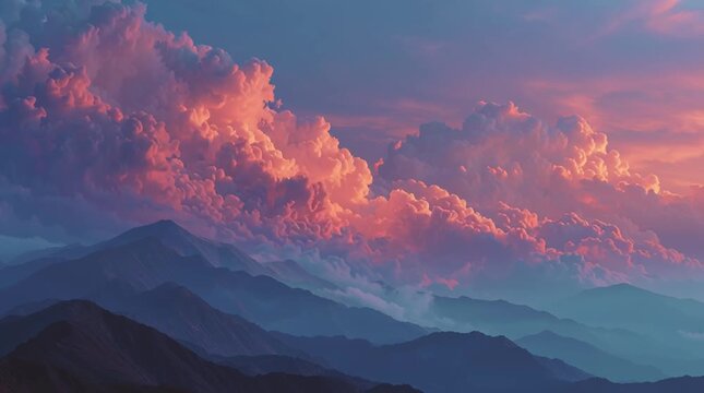 3D animation of tall mountain peaks with pink, blue and magenta tones, surrounded by soft pink clouds in the sky.
