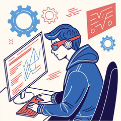 A young man with glasses is working on a computer surrounded by cogwheels