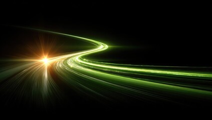 Abstract vibrant green light trails curving through dark space