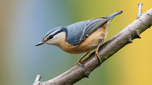 European nuthatch on a branch in front of a bright background
