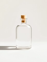 Clear bottle with cork and liquid, white background