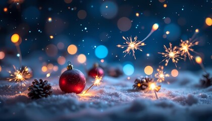Festive Christmas Ornaments and Sparklers in Snow