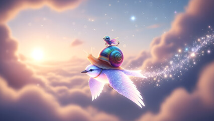 Naklejka premium Magical Journey A Tiny Bird Carries a Snail on its Back, Soaring Through a Dreamlike Sky Filled with Sparkling Trails and Soft Clouds at Sunrise