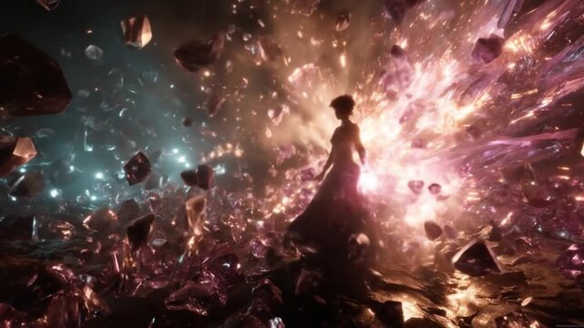Woman figure amidst sparkling debris