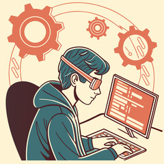 Focused guy with stylish glasses interacts with the computer amidst mechanical cog imagery