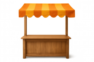Vacant wooden market stall featuring orange-yellow striped awning, standing against transparent background with minimal design and clean staging area