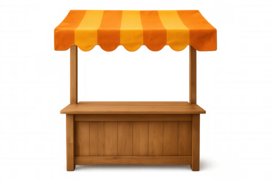 Vacant wooden market stall featuring orange-yellow striped awning, standing against transparent background with minimal design and clean staging area