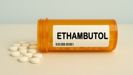 Box of ETHAMBUTOL tablets on a hospital pharmacy table used to treat tuberculosis an antibiotic.