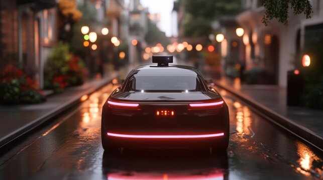 Sleek futuristic self-driving car navigates through a softly lit urban environment during twilight