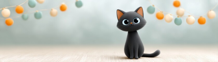 Cute Black Cat with Big Eyes in a Colorful Soft Background
