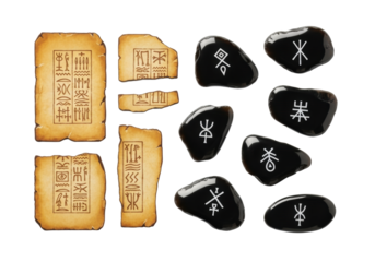 Aged parchment fragments with ochre glyphs and polished obsidian shards with ancient symbols, flat lay on white with copy space, concept of unlocking forgotten wisdom