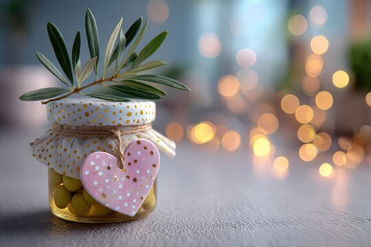 Small jar of olives, decorated with heart & olive branch - Powered by Adobe