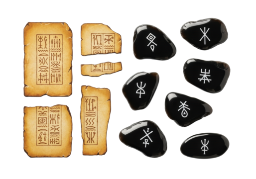 Aged parchment fragments with ochre glyphs and polished obsidian shards with ancient symbols, flat lay on white with copy space, concept of unlocking forgotten wisdom