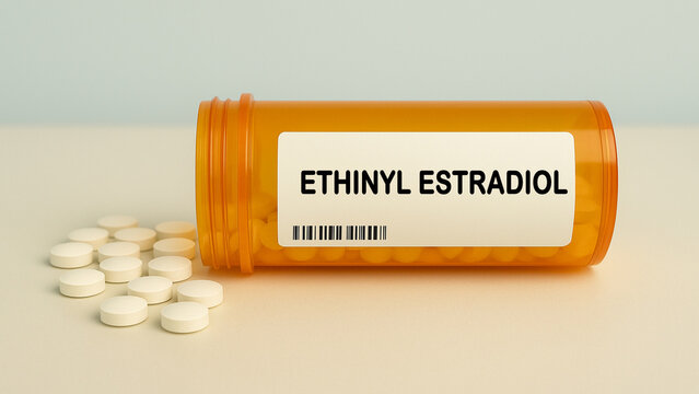 Box of ETHINYL ESTRADIOL tablets on a hospital pharmacy table used in contraceptives a synthetic estrogen.