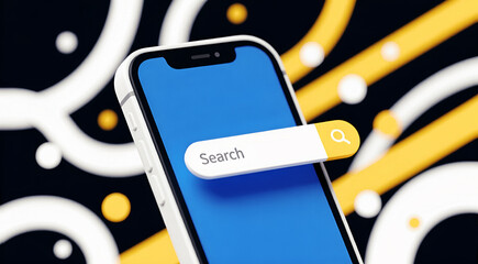 Smartphone con barra di ricerca per contenuti di rete su sfondo astratto a tema tecnologico - illustrazione grafica