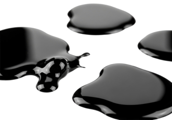 Thick, opaque, black liquid splotches with a slimy, reflective sheen slowly spreading on a transparent surface, captured in a clinical studio macro, environmental contamination concept