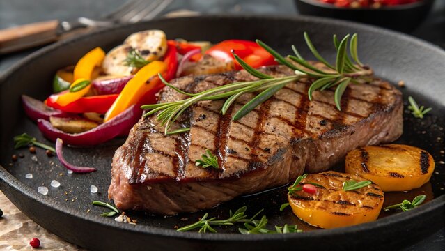 Sizzling grilled steak served with colorful roasted vegetables and fresh herbs on a dark stone plate