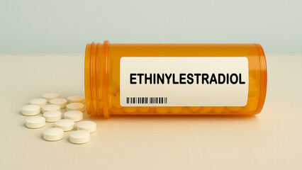 Box of ETHINYLESTRADIOL tablets on a hospital pharmacy table used for contraception a synthetic...