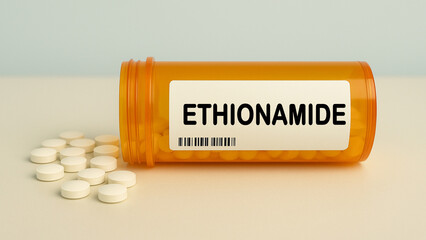 Box of ETHIONAMIDE tablets on a hospital pharmacy table used to treat tuberculosis an antibiotic.