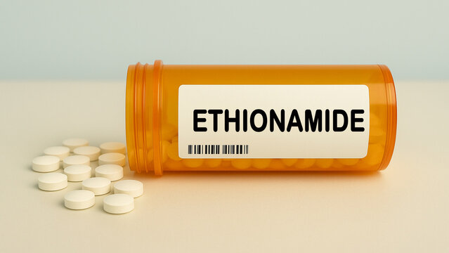 Box of ETHIONAMIDE tablets on a hospital pharmacy table used to treat tuberculosis an antibiotic.