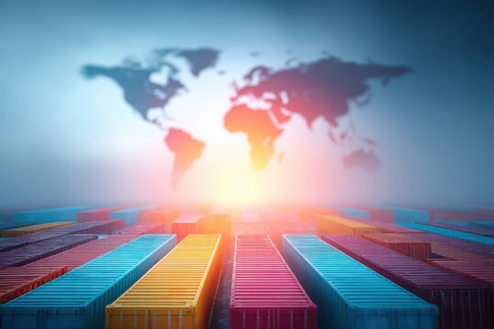 Global shipping logistics with colorful cargo containers and a blurred world map