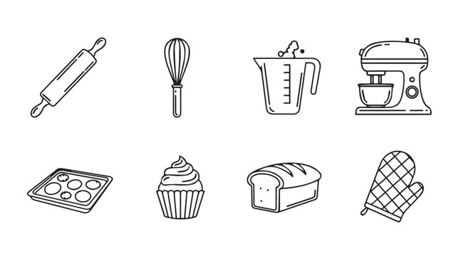 Collection of baking utensils and treats silhouette