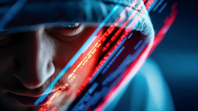Close-up of a hacker in a hoodie with glowing code projected on his face in a dark room