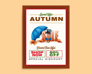 Background, autumn scene design with 3d texts, rain umbrella and leaves in the colors of the season, for Autumn, sales commercial event; Vector illustration.