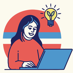 Smiling woman with long hair works on a laptop and gets an idea