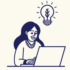 Smiling young woman is using her laptop, getting creative ideas overhead