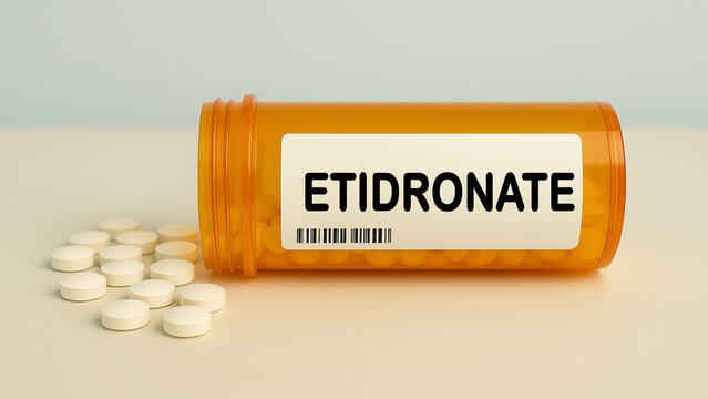 Box of ETIDRONATE tablets on a hospital pharmacy table used to treat osteoporosis a bisphosphonate.