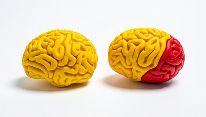 Two stylized brain models&mdash;one fully yellow, one with red frontal lobe&mdash;on white background