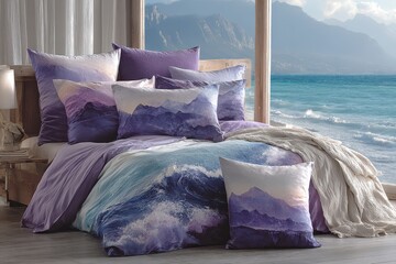 Bedroom with wave and mountain bedding, offering a stunning sea view.