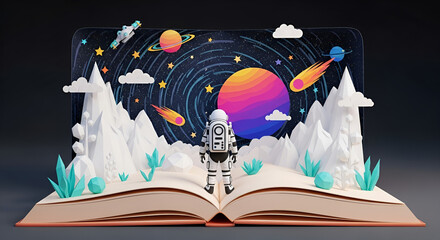 Imaginative paper landscape opens to cosmic space adventure scene