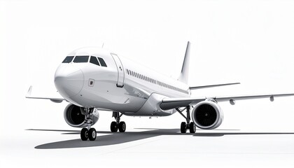 Obraz premium Front view of white commercial jet with deployed landing gear on minimal background