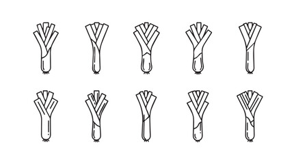 Collection of ten stylized leek vegetable silhouettes in a grid pattern silhouette