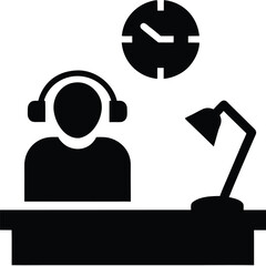 Silhouette person sits at a desk with headphones, clock, and lamp above
