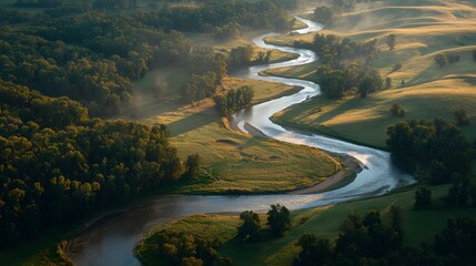 River winding aerially like a shiny ribbon through green fields and golden tree patches.