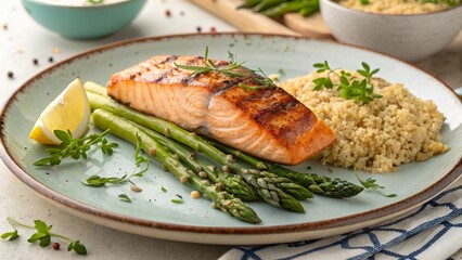 Perfectly grilled salmon fillet served with asparagus and couscous on a plate, showcasing a fresh and healthy meal