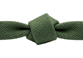 Dark forest green coarse canvas ribbon with visible fibers, tightly tied functional knot, extreme macro close-up on transparent studio background. Concept of strength and durability