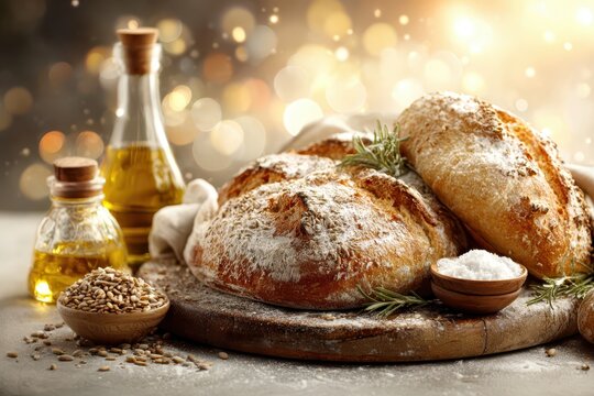 Artisanal homemade bread with olive oil, seeds, and rosemary on a rustic wooden board - Powered by Adobe