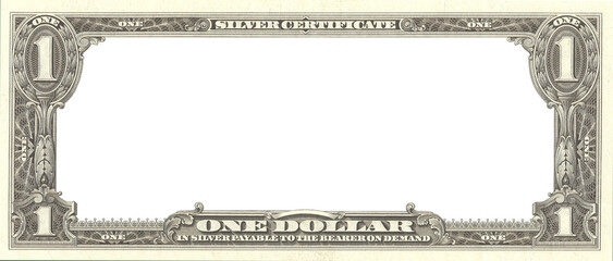 Financial illustration. Empty frame of banknote, denomination of 1 dollar US 1957, silver certificate. Obverse of note. Sample bill. American vintage paper money. One. Template