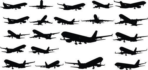 Silhouettes of airplanes in various angles, flying, landing, taking off, aviation, aircraft, travel, transportation, flight, jet, airplane, sky, transportation industry