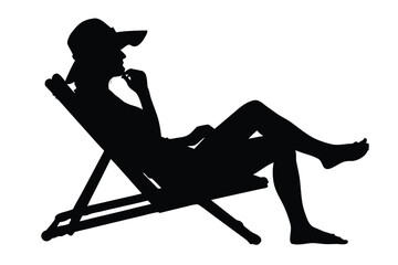 Silhouette of relaxed woman wearing hat, reclining in lounge chair while contemplating something