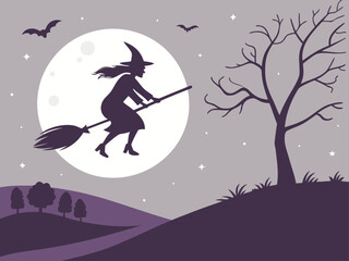 Halloween Witch Flying on Broomstick Silhouette Vector Illustration