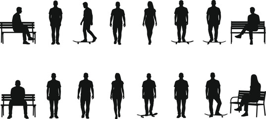 Silhouettes of people walking, sitting on benches, skateboarding, urban lifestyle, street activity, youth culture, outdoor recreation, casual poses, vector illustration
