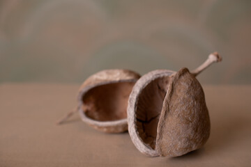 Dried fruit shells placed on a wooden surface.