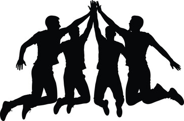 Silhouette of Four Men Jumping and High-Fiving Together, Celebrating Success, Teamwork, Friendship, Energy, Unity, Joyful Group, Active Lifestyle Vector Illustration