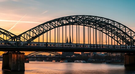 Obraz premium Majestic Steel Bridge at Sunset over River.